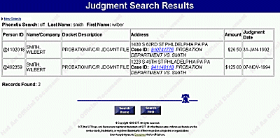 Judgment Search Results Screen